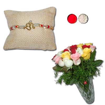 "American Diamond (AD) RAKHI -AD 4520 A- (Single Rakhi)  and 25 Mixed roses with Vase - Click here to View more details about this Product